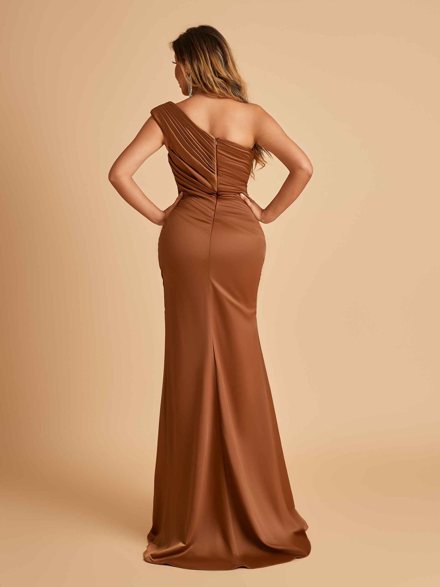 Satin One-shoulder Bridesmaid Dresses Mermaid Side Slit Sleeveless Floor Length