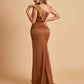 Satin One-shoulder Bridesmaid Dresses Mermaid Side Slit Sleeveless Floor Length