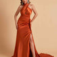 Elegant Satin Halter Pleats Side Slit Mermaid Bridesmaid Dresses Floor-Length