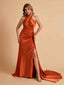 Elegant Satin Halter Pleats Side Slit Mermaid Bridesmaid Dresses Floor-Length
