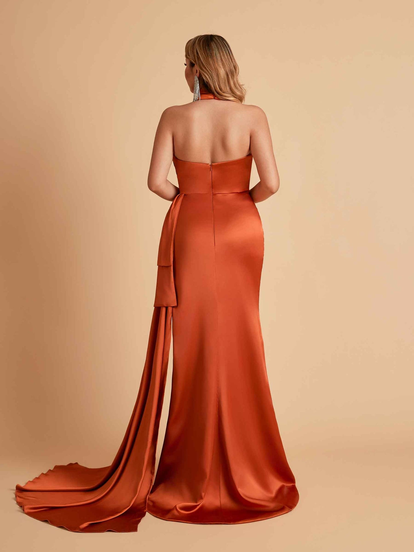 Elegant Satin Halter Pleats Side Slit Mermaid Bridesmaid Dresses Floor-Length