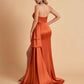 Elegant Satin Halter Pleats Side Slit Mermaid Bridesmaid Dresses Floor-Length