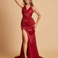 Sexy Satin Open Back Bridesmaid Dresses Mermaid V-neck Side Slit With Train