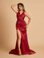 Sexy Satin Open Back Bridesmaid Dresses Mermaid V-neck Side Slit With Train