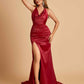 Sexy Satin Open Back Prom Dresses Mermaid V-neck Side Slit With Train