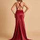 Sexy Satin Open Back Bridesmaid Dresses Mermaid V-neck Side Slit With Train