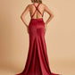 Sexy Satin Open Back Bridesmaid Dresses Mermaid V-neck Side Slit With Train For Sale