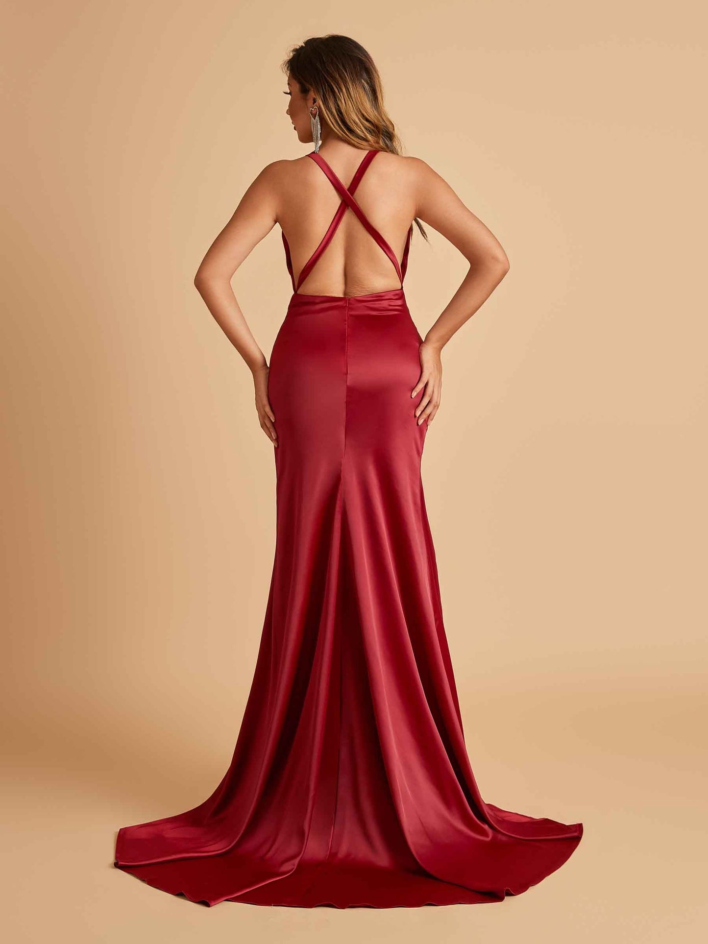 Sexy Satin Open Back Bridesmaid Dresses Mermaid V-neck Side Slit With Train For Sale