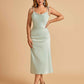 Sexy Satin Midi Bridesmaid Dresses Spaghetti Straps Slip Scoop Side Slit