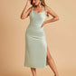 Sexy Satin Midi Bridesmaid Dresses Spaghetti Straps Slip Scoop Side Slit