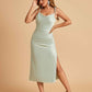 Sexy Satin Midi Prom Dresses Spaghetti Straps Slip Scoop Side Slit