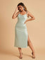 Sexy Satin Midi Prom Dresses Spaghetti Straps Slip Scoop Side Slit