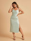 Sexy Satin Midi Bridesmaid Dresses Spaghetti Straps Slip Scoop Side Slit
