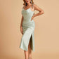 Sexy Satin Midi Bridesmaid Dresses Spaghetti Straps Slip Scoop Side Slit