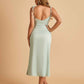 Sexy Satin Midi Bridesmaid Dresses Spaghetti Straps Slip Scoop Side Slit