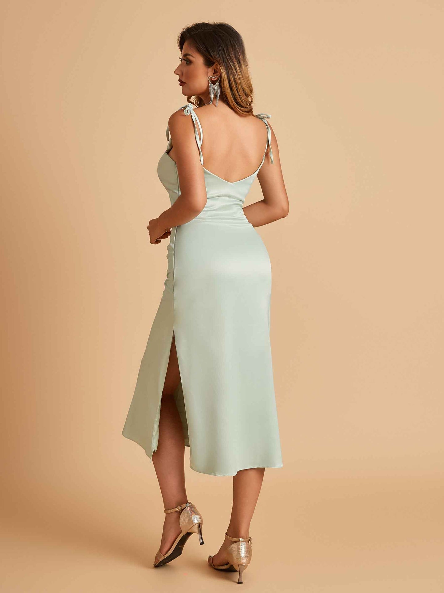 Sexy Satin Midi Bridesmaid Dresses Spaghetti Straps Slip Scoop Side Slit