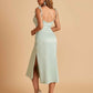 Sexy Satin Midi Prom Dresses Spaghetti Straps Slip Scoop Side Slit