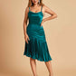 Sexy Satin Midi Asymmetrical Bridesmaid Dresses Spaghetti Straps Mermaid With Ruffles