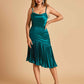 Sexy Satin Midi Asymmetrical Prom Dresses Spaghetti Straps Mermaid With Ruffles