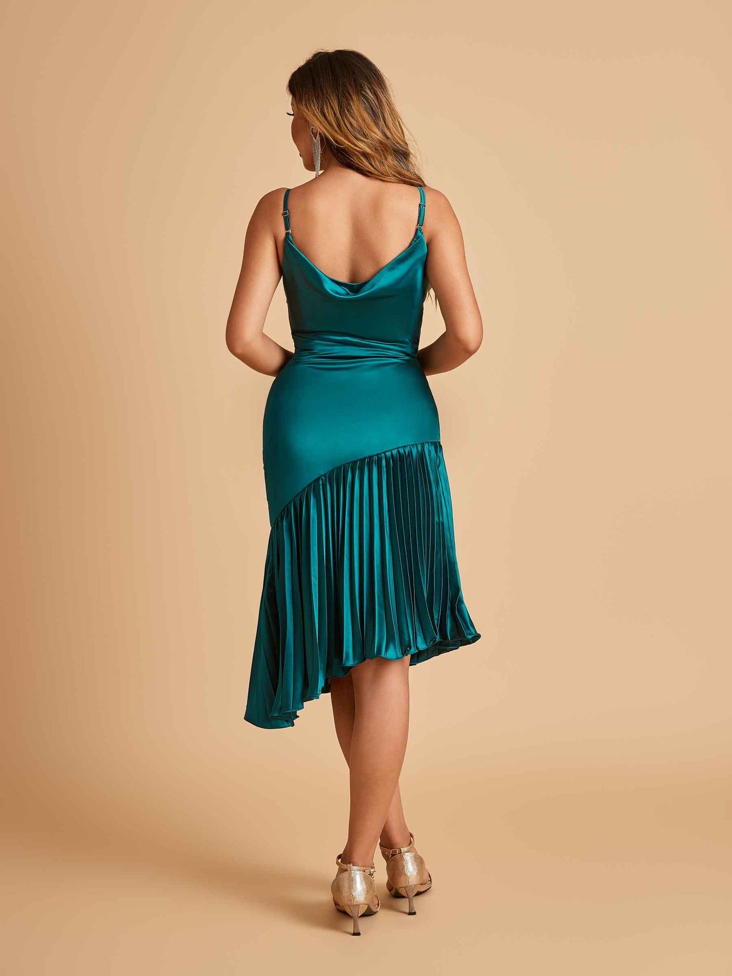 Sexy Satin Midi Asymmetrical Bridesmaid Dresses Spaghetti Straps Mermaid With Ruffles