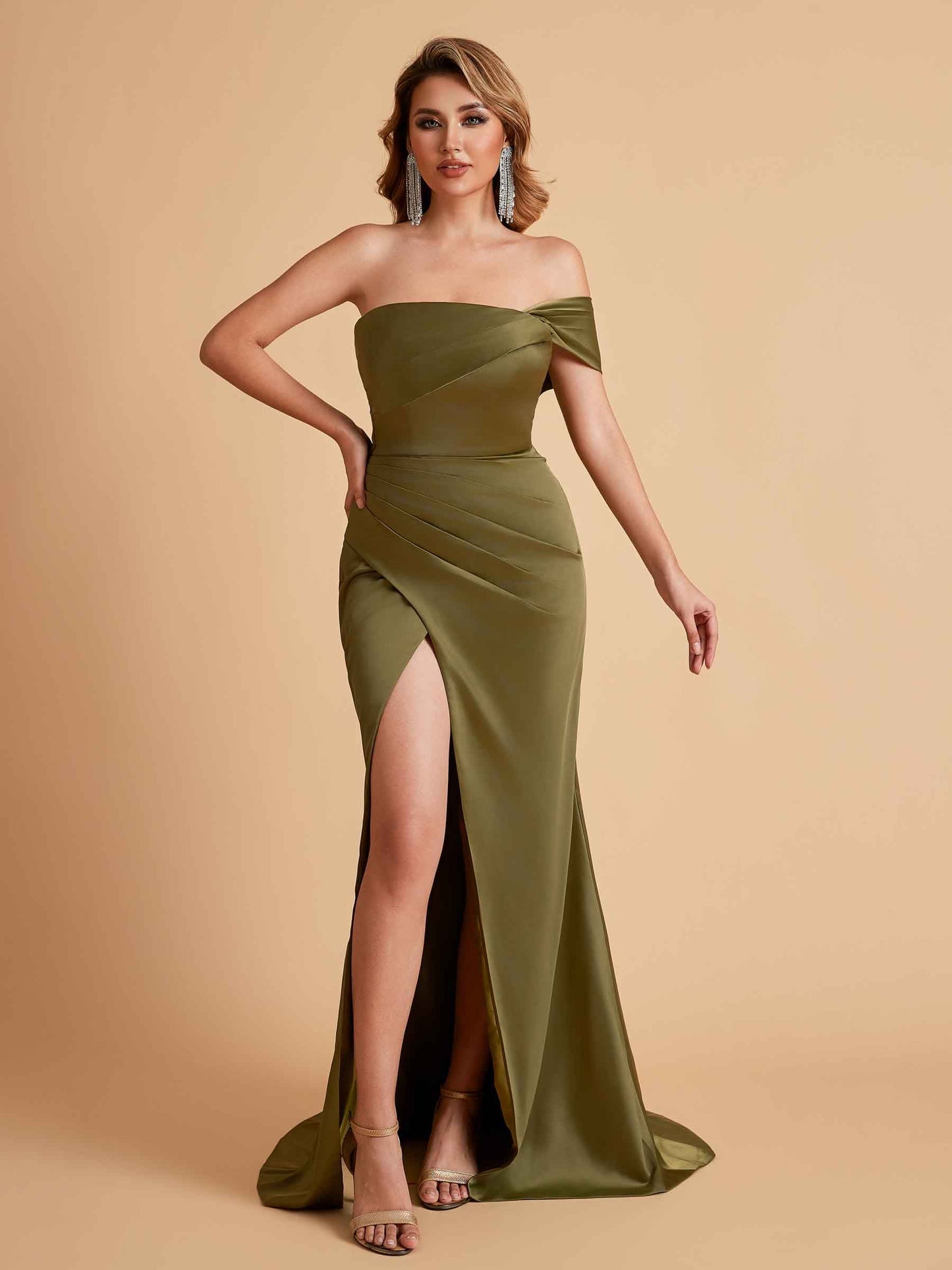 Sexy Satin One Shoulder Pleats Mermaid Bridesmaid Dresses Side Slit Floor Length