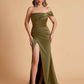 Sexy Satin One Shoulder Pleats Mermaid Bridesmaid Dresses Side Slit Floor Length