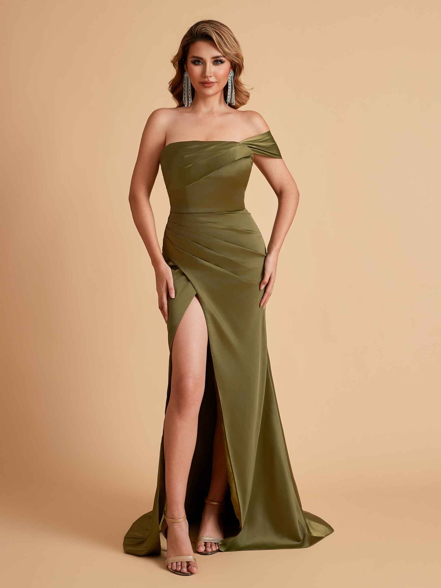 Sexy Satin One Shoulder Pleats Mermaid Bridesmaid Dresses Side Slit Floor Length