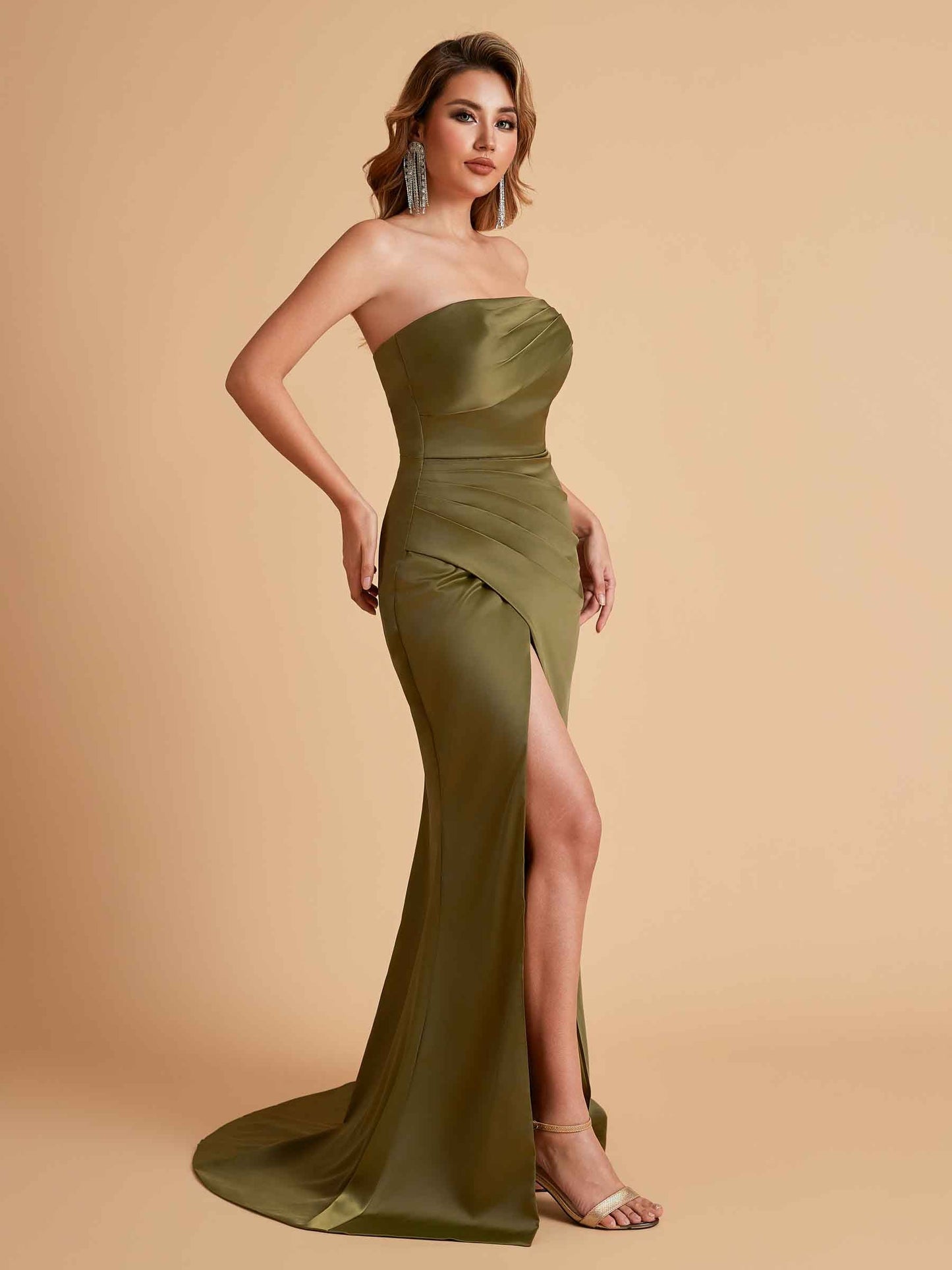 Sexy Satin One Shoulder Pleats Mermaid Bridesmaid Dresses Side Slit Floor Length