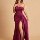 Satin One Shoulder Mermaid Bridesmaid Dresses Side Slit Floor Length