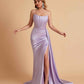 Sexy Satin Sleeveless Pleats Mermaid Bridesmaid Dresses Side Slit Floor Length