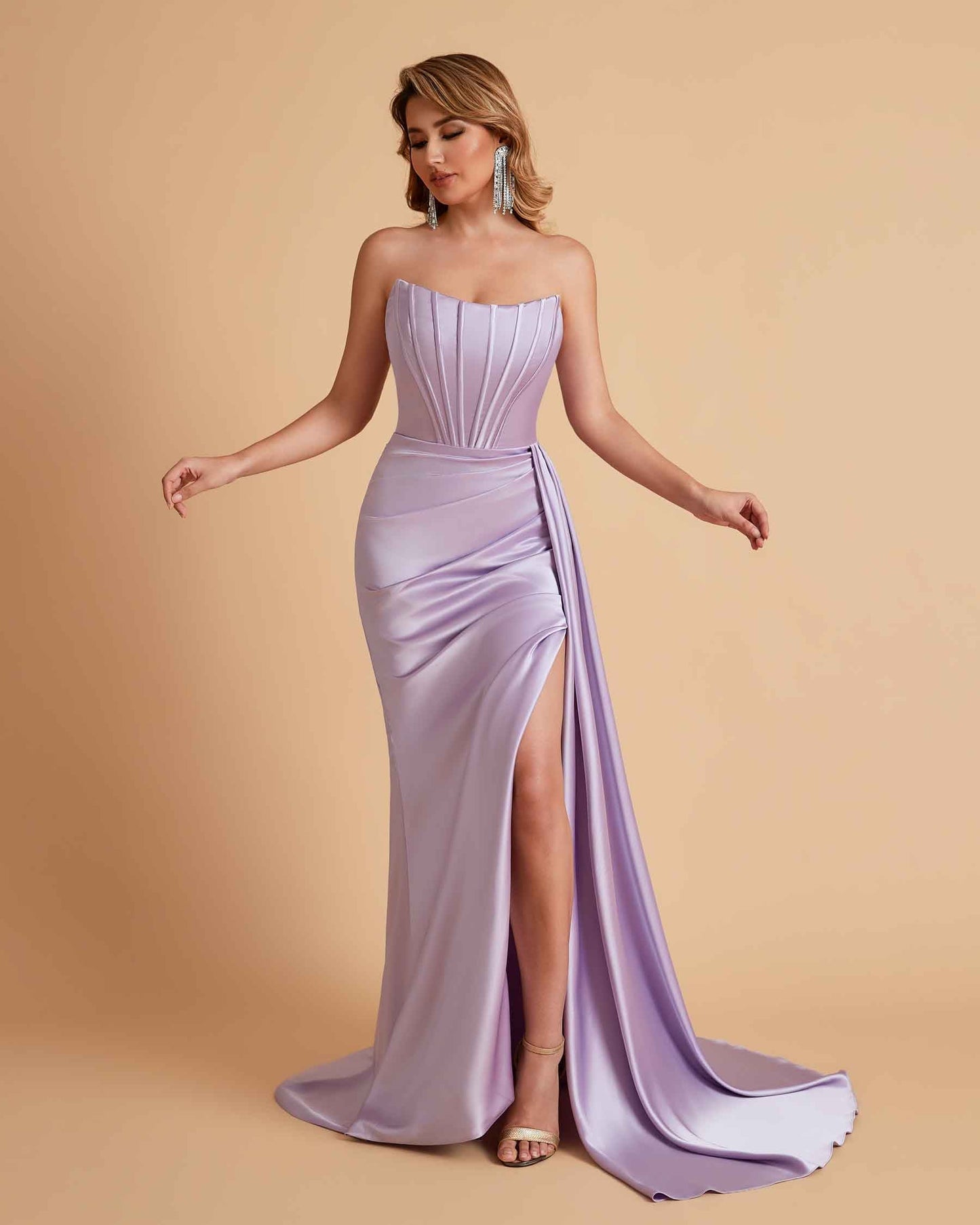 Sexy Satin Sleeveless Pleats Mermaid Bridesmaid Dresses Side Slit Floor Length