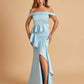 Satin Mermaid Off Shoulder Bridesmaid Dresses With Ruffles Side Slit Floor Length