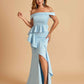 Satin Mermaid Off Shoulder Bridesmaid Dresses With Ruffles Side Slit Floor Length