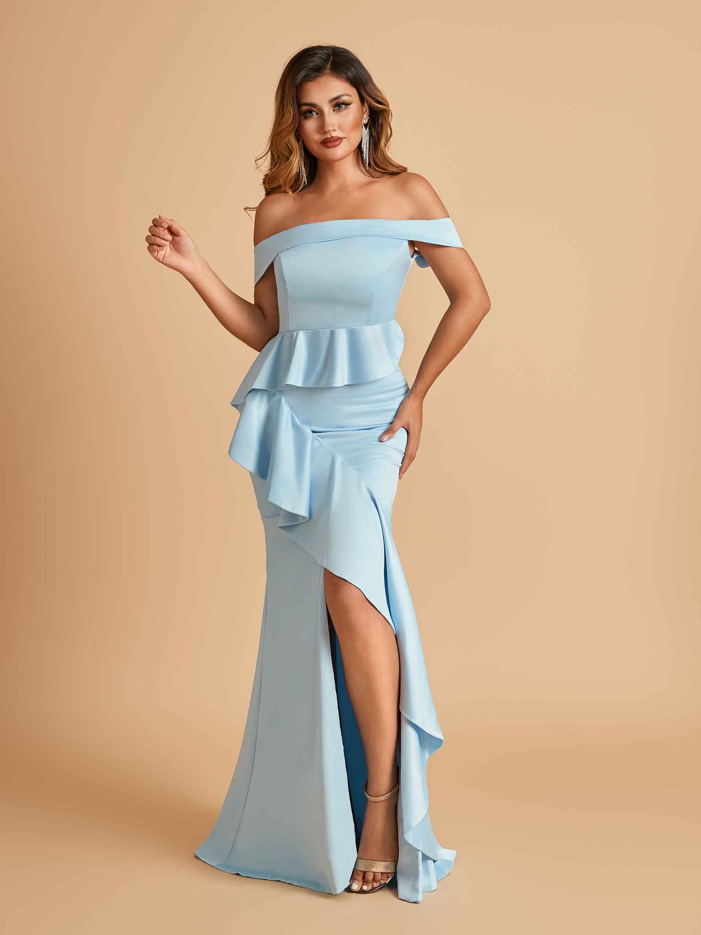 Satin Mermaid Off Shoulder Bridesmaid Dresses With Ruffles Side Slit Floor Length