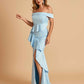 Satin Mermaid Off Shoulder Bridesmaid Dresses With Ruffles Side Slit Floor Length