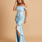 Satin Mermaid Off Shoulder Bridesmaid Dresses With Ruffles Side Slit Floor Length