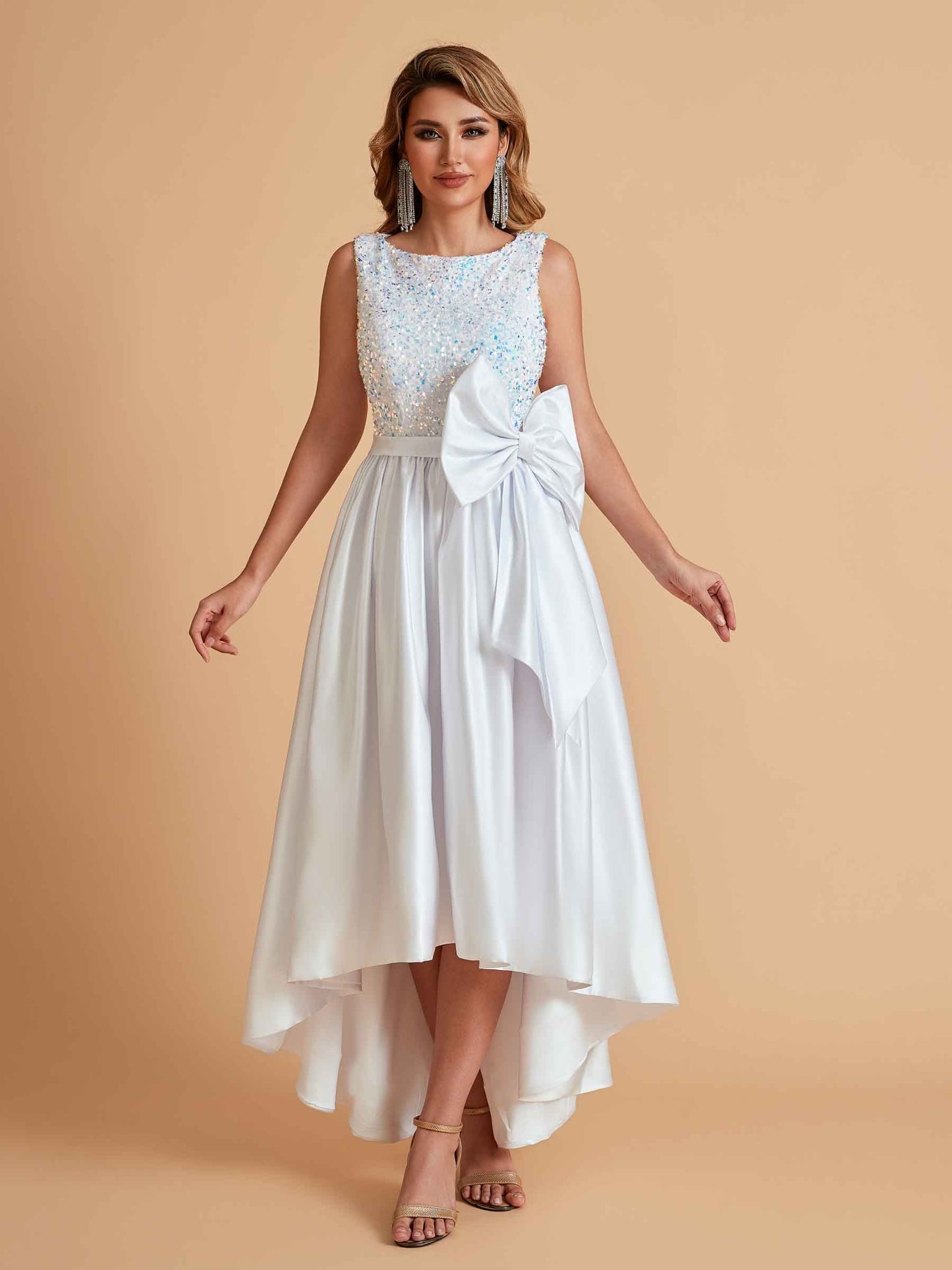 Sparkly Satin Sleeveless Pleats A-line Bridesmaid Dresses High-Low