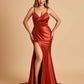 Satin Mermaid V-neck Prom Dresses Spaghetti Straps Side Slit Floor Length
