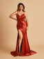 Satin Mermaid V-neck Prom Dresses Spaghetti Straps Side Slit Floor Length
