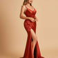 Satin Mermaid V-neck Prom Dresses Spaghetti Straps Side Slit Floor Length