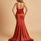 Satin Mermaid V-neck Prom Dresses Spaghetti Straps Side Slit Floor Length