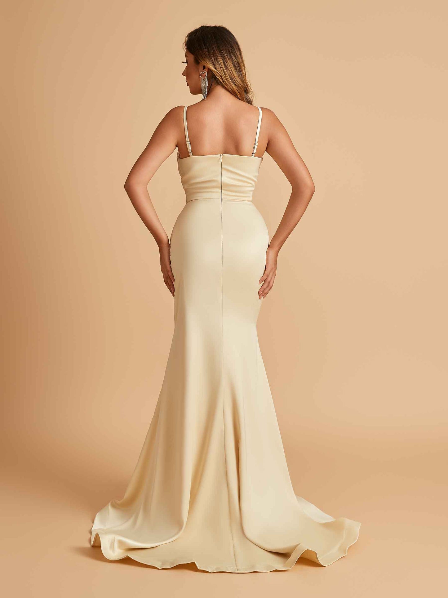 Satin Mermaid Long Bridesmaid Dresses Spaghetti Straps Sweetheart Side Slit Floor Length