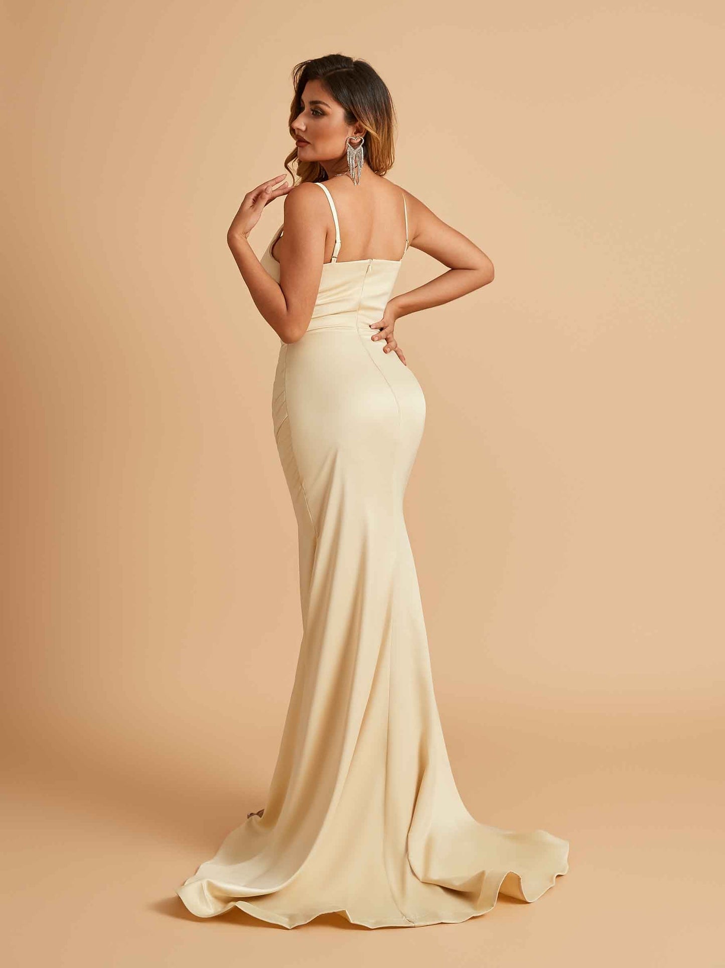 Satin Mermaid Long Prom Dresses Spaghetti Straps Sweetheart Side Slit Floor Length