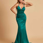 Satin Mermaid Open-back Prom Dresses Spaghetti Straps V-neck With Pleats Floor Length
