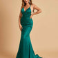 Satin Mermaid Open-back Prom Dresses Spaghetti Straps V-neck With Pleats Floor Length