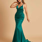 Satin Mermaid Open-back Prom Dresses Spaghetti Straps V-neck With Pleats Floor Length