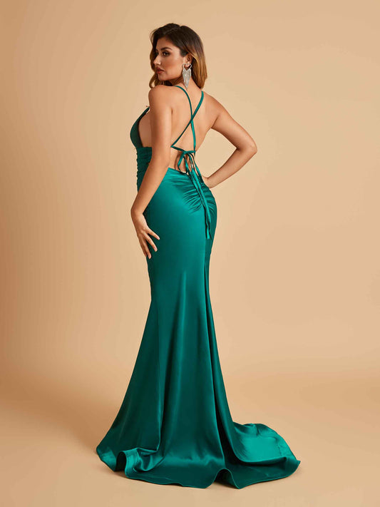 Satin Mermaid Open-back Bridesmaid Dresses Spaghetti Straps V-neck With Pleats Floor Length