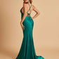 Satin Mermaid Open-back Prom Dresses Spaghetti Straps V-neck With Pleats Floor Length