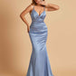 Satin Mermaid V-neck Prom Dresses Spaghetti Straps Floor Length