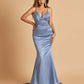 Satin Mermaid V-neck Prom Dresses Spaghetti Straps Floor Length